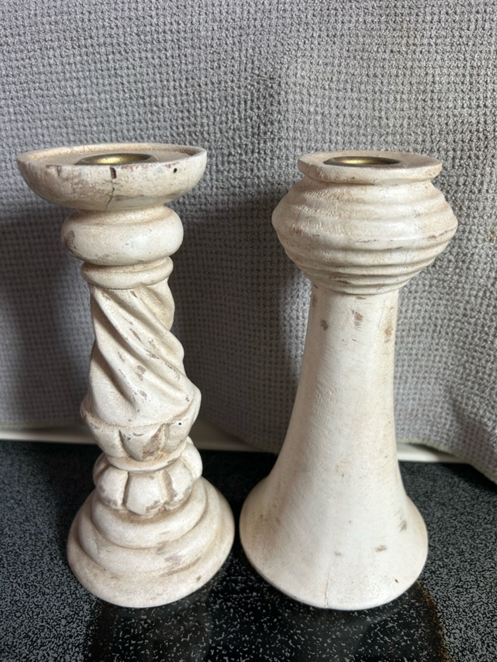 Wooden Neutral White Distressed Candle Holders (Set of 2)